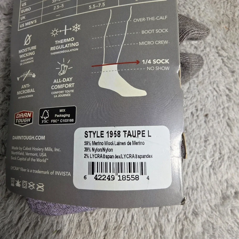 Darn Tough Hike Trek 1/4 Socks Taupe Purple Merino Wool Women Size L NWT